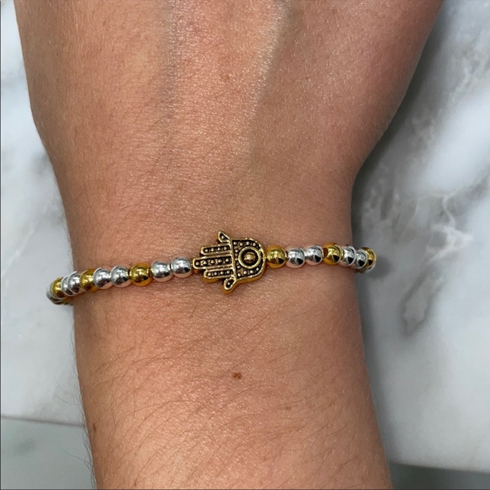 Hamsa beaded silver and gold stretchy bracelet - Picture 2 of 2